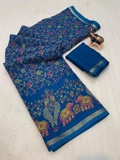 Pure Soft Tussar Silk Kashmiri Printed Saree with Rich Pallu & Golden Border | Elegant Traditional Wear