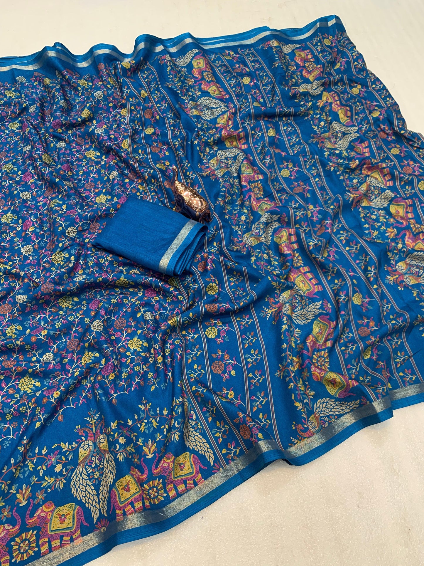 Pure Soft Tussar Silk Kashmiri Printed Saree with Rich Pallu & Golden Border | Elegant Traditional Wear