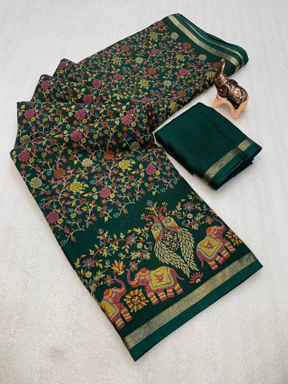 Pure Soft Tussar Silk Kashmiri Printed Saree with Rich Pallu & Golden Border | Elegant Traditional Wear
