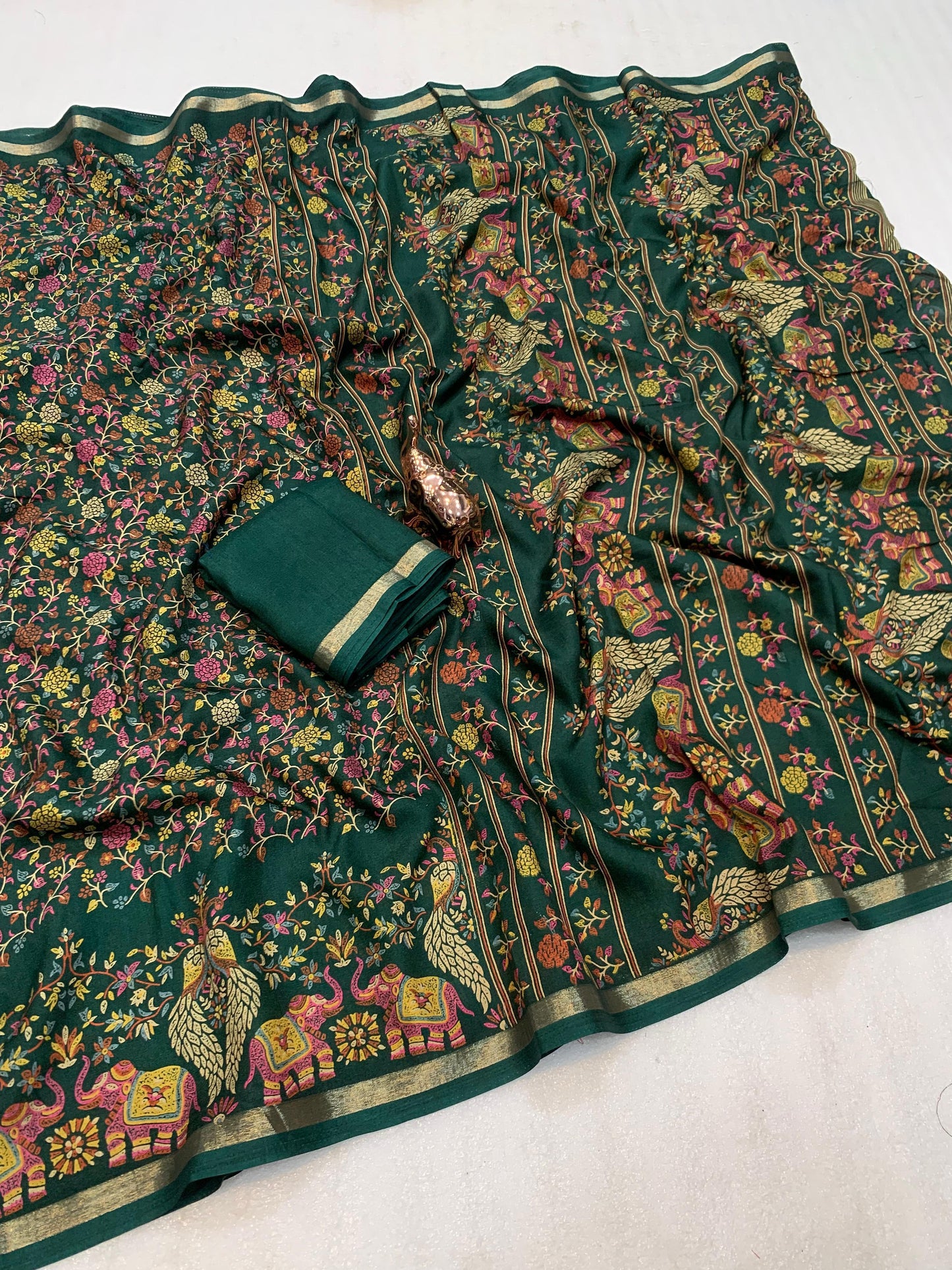 Pure Soft Tussar Silk Kashmiri Printed Saree with Rich Pallu & Golden Border | Elegant Traditional Wear