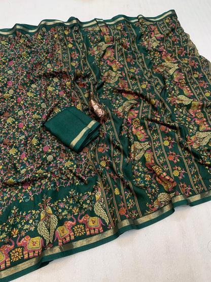 Pure Soft Tussar Silk Kashmiri Printed Saree with Rich Pallu & Golden Border | Elegant Traditional Wear