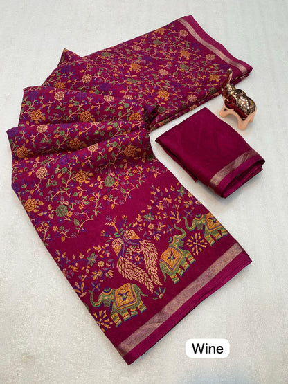 Pure Soft Tussar Silk Kashmiri Printed Saree with Rich Pallu & Golden Border | Elegant Traditional Wear
