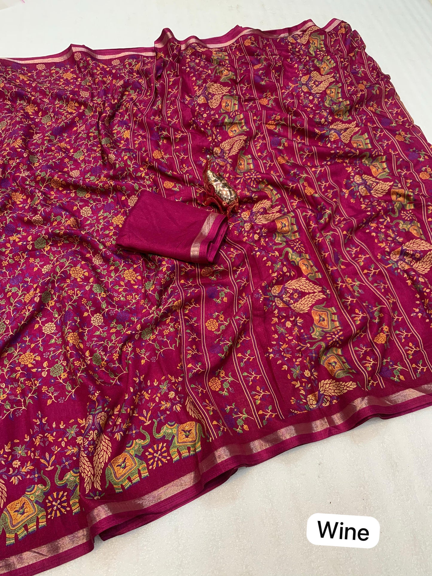 Pure Soft Tussar Silk Kashmiri Printed Saree with Rich Pallu & Golden Border | Elegant Traditional Wear