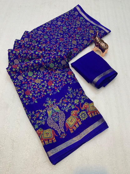 Pure Soft Tussar Silk Kashmiri Printed Saree with Rich Pallu & Golden Border | Elegant Traditional Wear