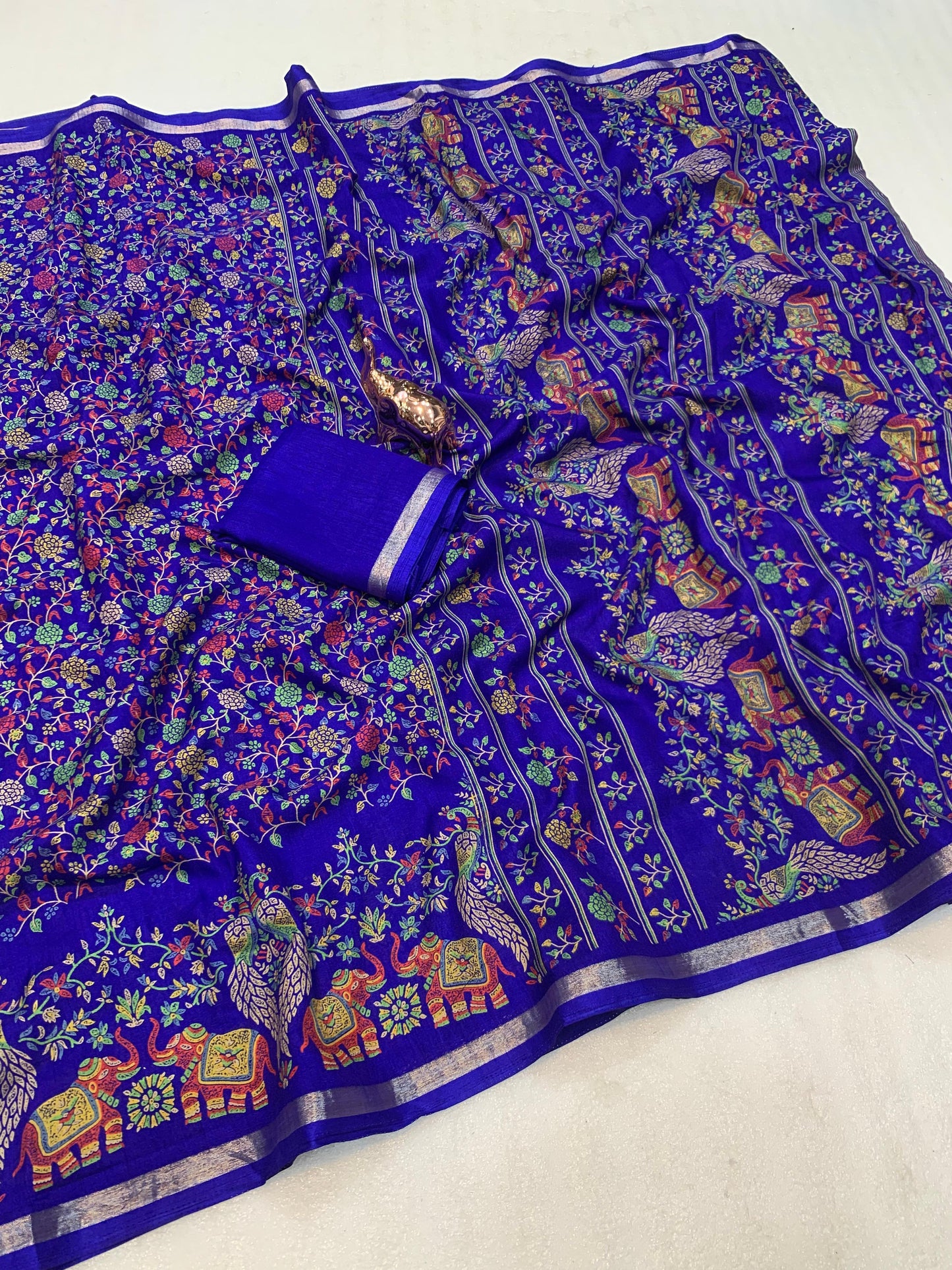 Pure Soft Tussar Silk Kashmiri Printed Saree with Rich Pallu & Golden Border | Elegant Traditional Wear