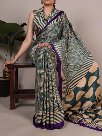 Crafted in soft dull silk with statement fancy prints, this saree blends classic charm with a modern touch 🌸