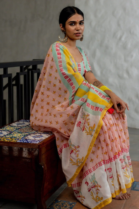 Blush Pink Mint Linen Saree Chaapa 102