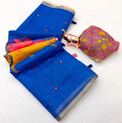 Royal Blue Linen Saree with Multicolour Figurative Print, Grey Pallu, Tassels and Running Blouse for Festive Wear