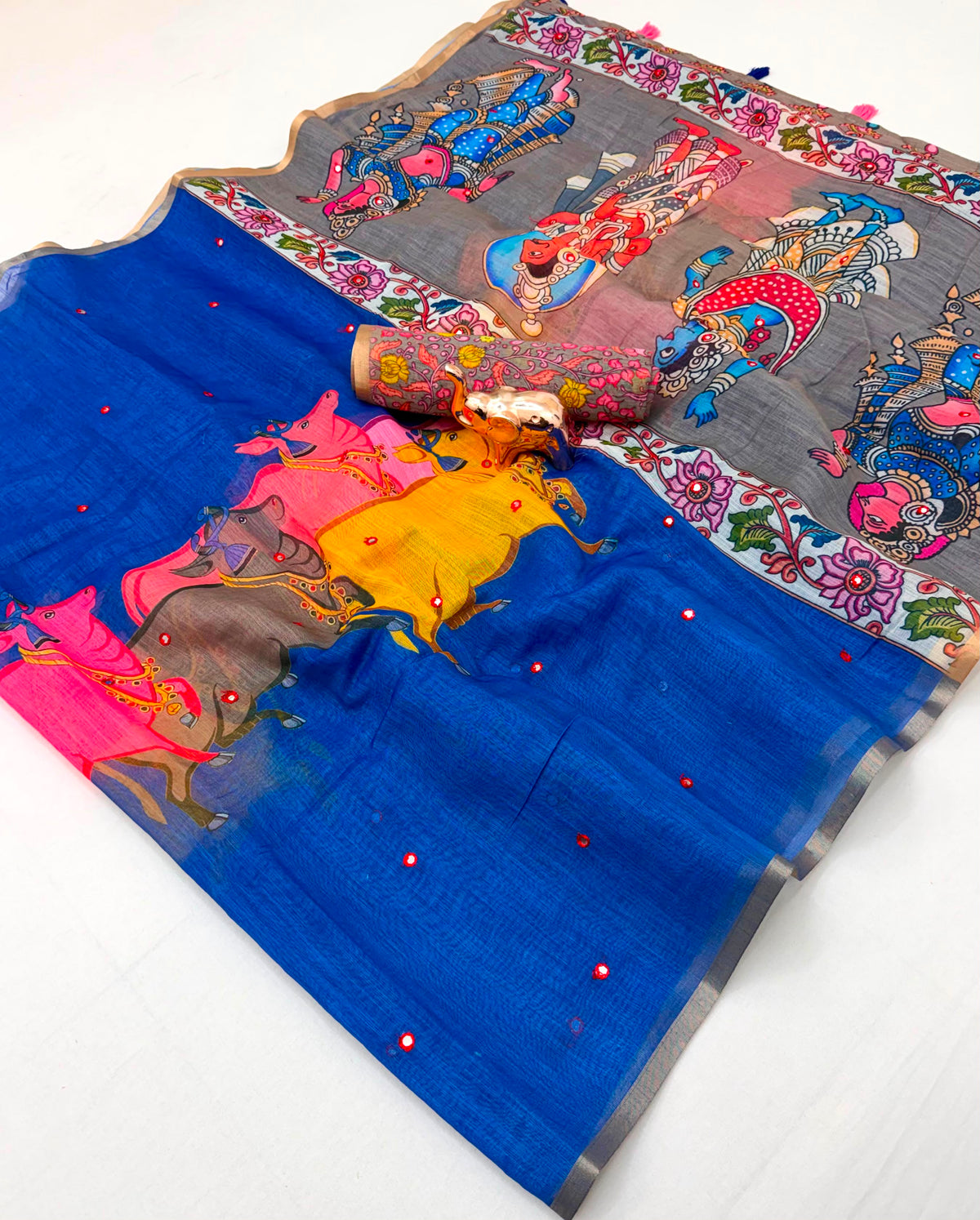 Royal Blue Linen Saree with Multicolour Figurative Print, Grey Pallu, Tassels and Running Blouse for Festive Wear