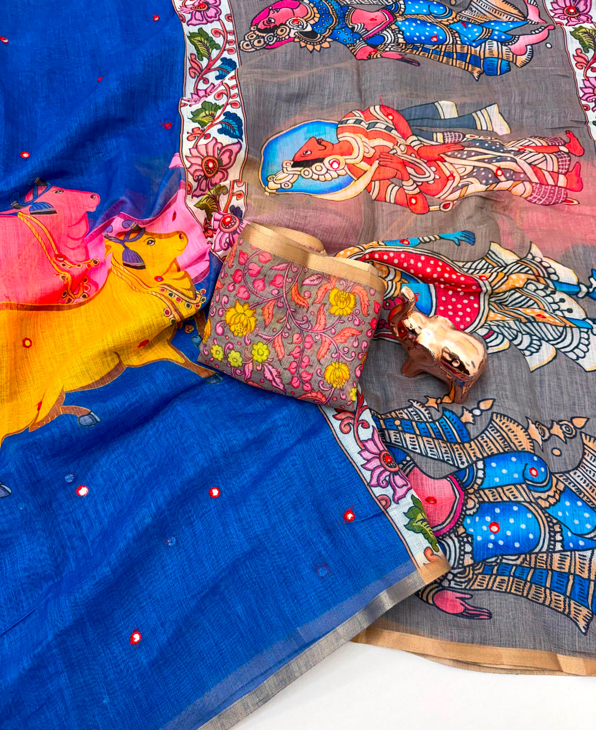 Royal Blue Linen Saree with Multicolour Figurative Print, Grey Pallu, Tassels and Running Blouse for Festive Wear