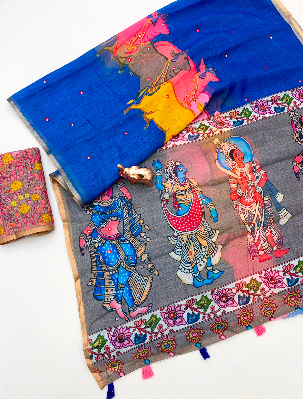 Royal Blue Linen Saree with Multicolour Figurative Print, Grey Pallu, Tassels and Running Blouse for Festive Wear