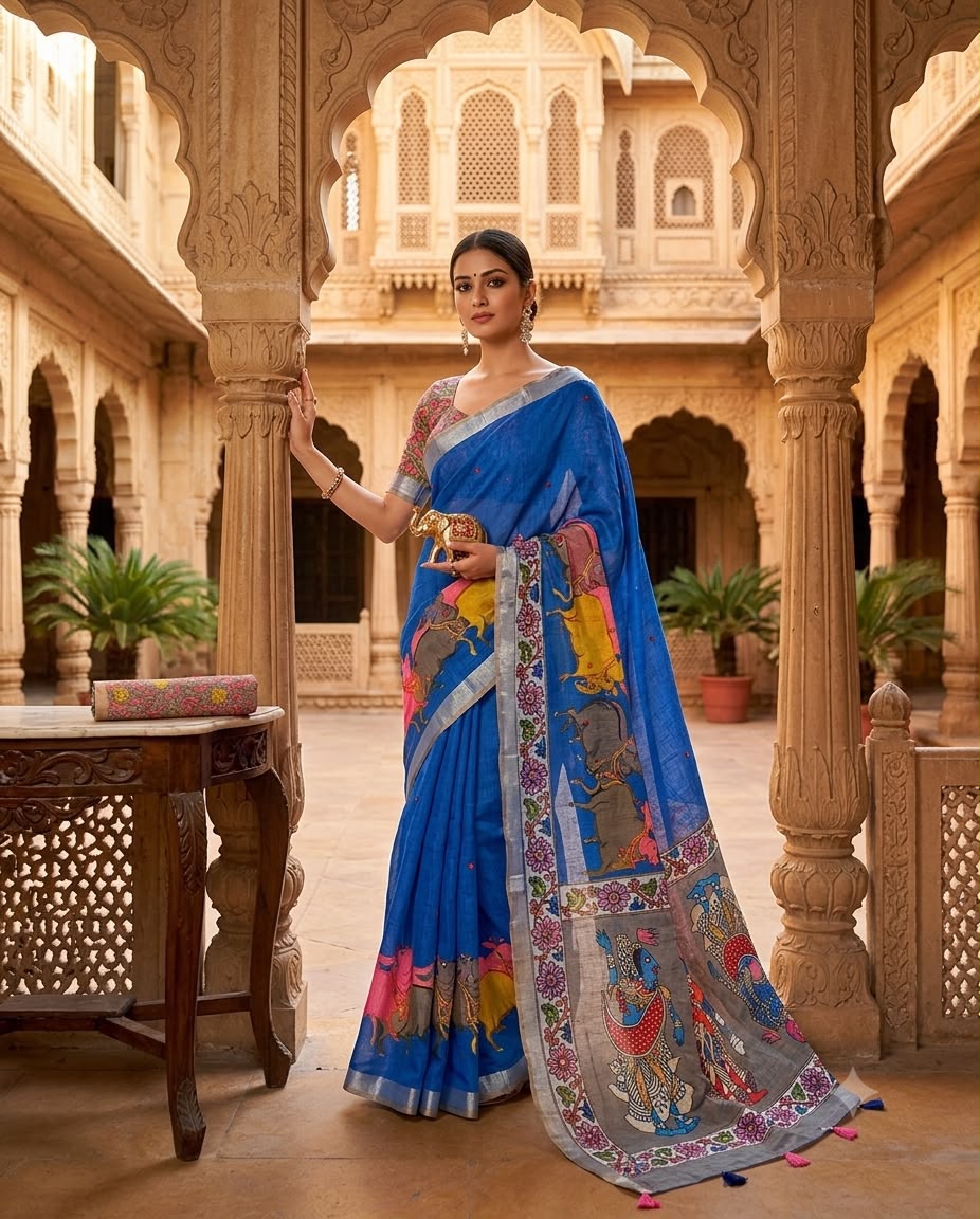 Royal Blue Linen Saree with Multicolour Figurative Print, Grey Pallu, Tassels and Running Blouse for Festive Wear