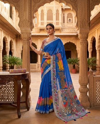 Royal Blue Linen Saree with Multicolour Figurative Print, Grey Pallu, Tassels and Running Blouse for Festive Wear