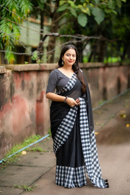 Black linen saree with checks pallu - full length view