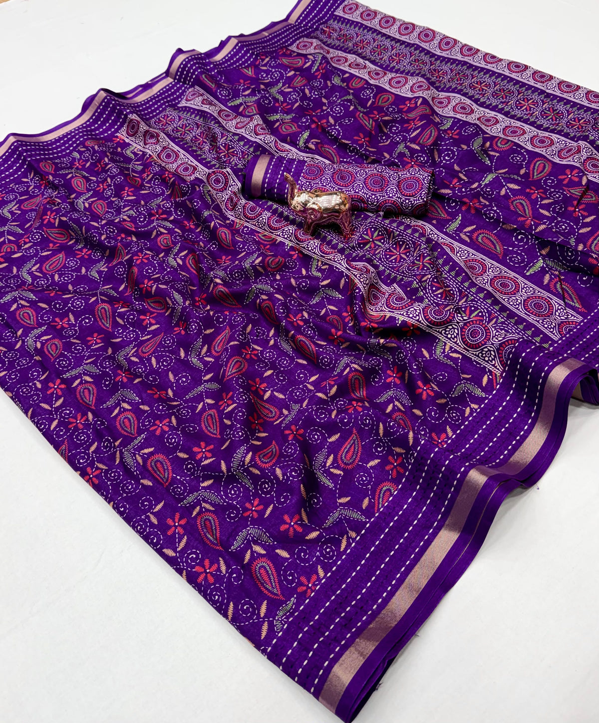 Tussar Silk Saree with Multicolour Paisley and Floral Motifs, Elegant Border and Running Blouse for Festive Wear