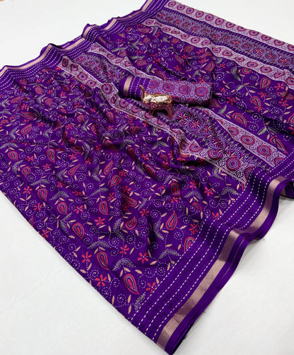 Tussar Silk Saree with Multicolour Paisley and Floral Motifs, Elegant Border and Running Blouse for Festive Wear