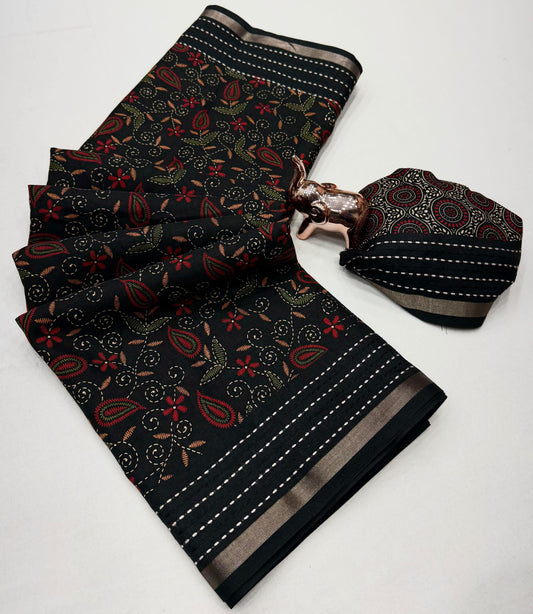Tussar Silk Saree with Multicolour Paisley and Floral Motifs, Elegant Border and Running Blouse for Festive Wear