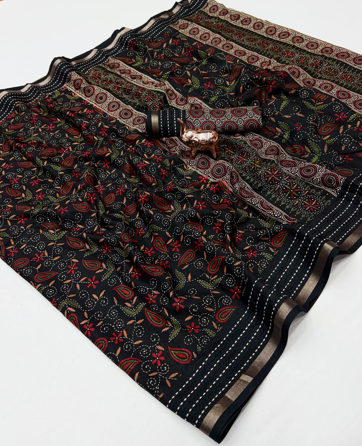 Tussar Silk Saree with Multicolour Paisley and Floral Motifs, Elegant Border and Running Blouse for Festive Wear