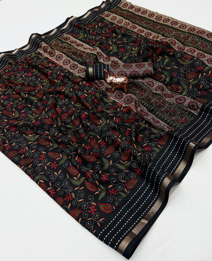 Tussar Silk Saree with Multicolour Paisley and Floral Motifs, Elegant Border and Running Blouse for Festive Wear