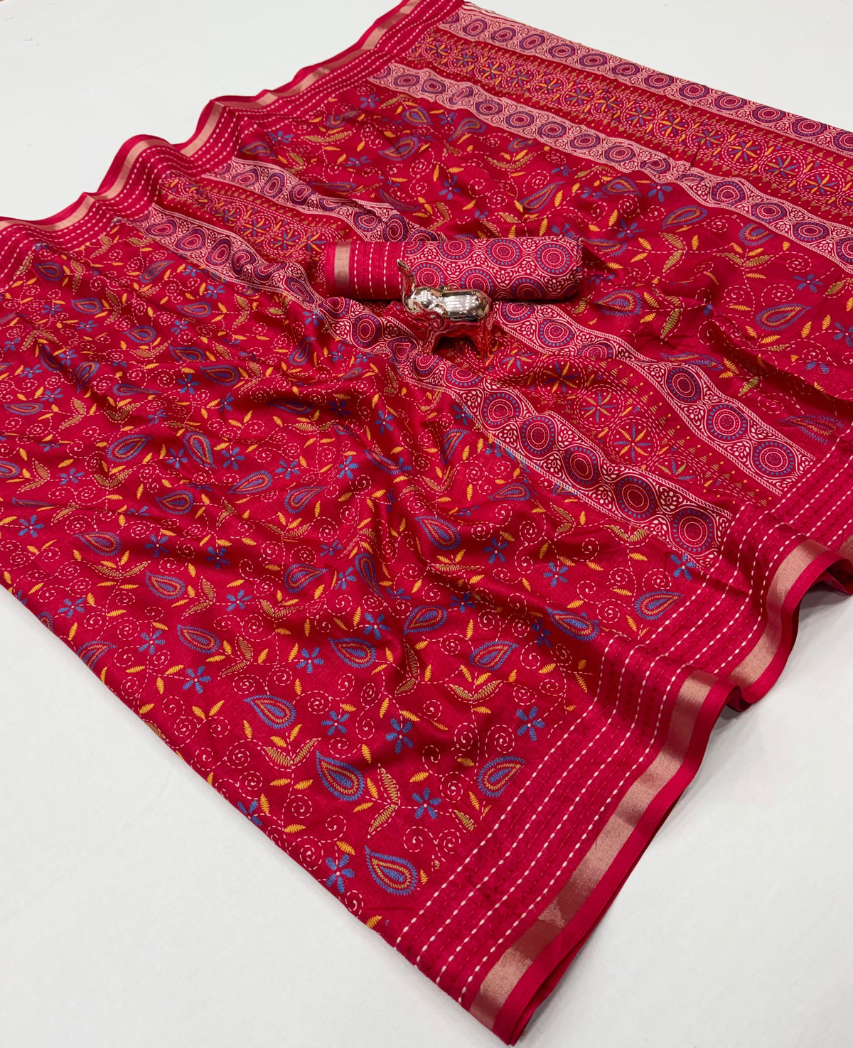 Tussar Silk Saree with Multicolour Paisley and Floral Motifs, Elegant Border and Running Blouse for Festive Wear