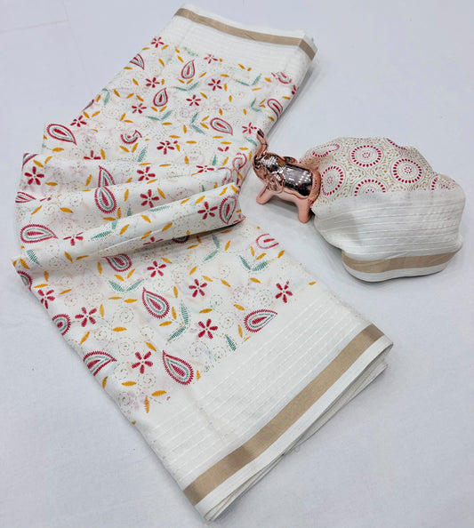 Tussar Silk Saree with Multicolour Paisley and Floral Motifs, Elegant Border and Running Blouse for Festive Wear