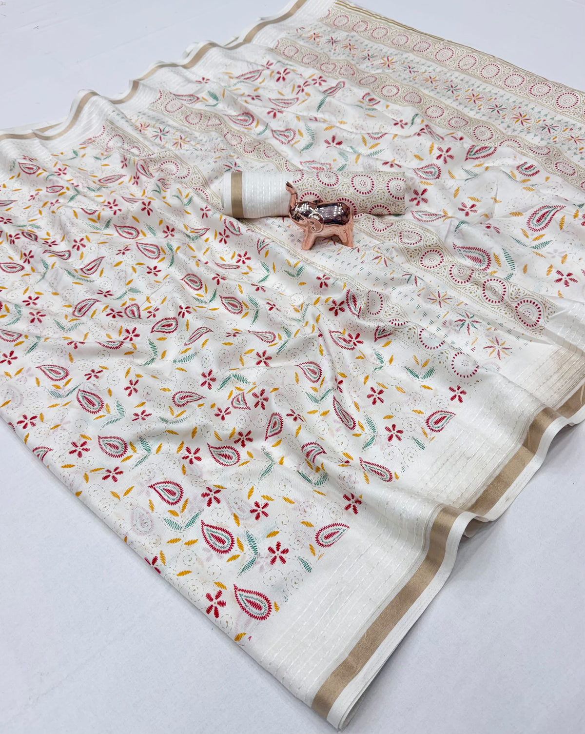 Tussar Silk Saree with Multicolour Paisley and Floral Motifs, Elegant Border and Running Blouse for Festive Wear