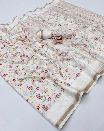 Tussar Silk Saree with Multicolour Paisley and Floral Motifs, Elegant Border and Running Blouse for Festive Wear