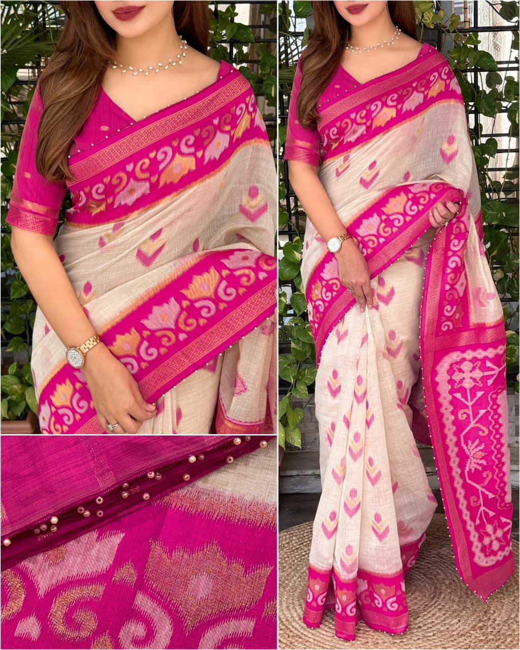 Linen Cotton Saree with Floral Contrast Border and Decorative Pallu, 6.3 Metres with Running Blouse for Festive Wear