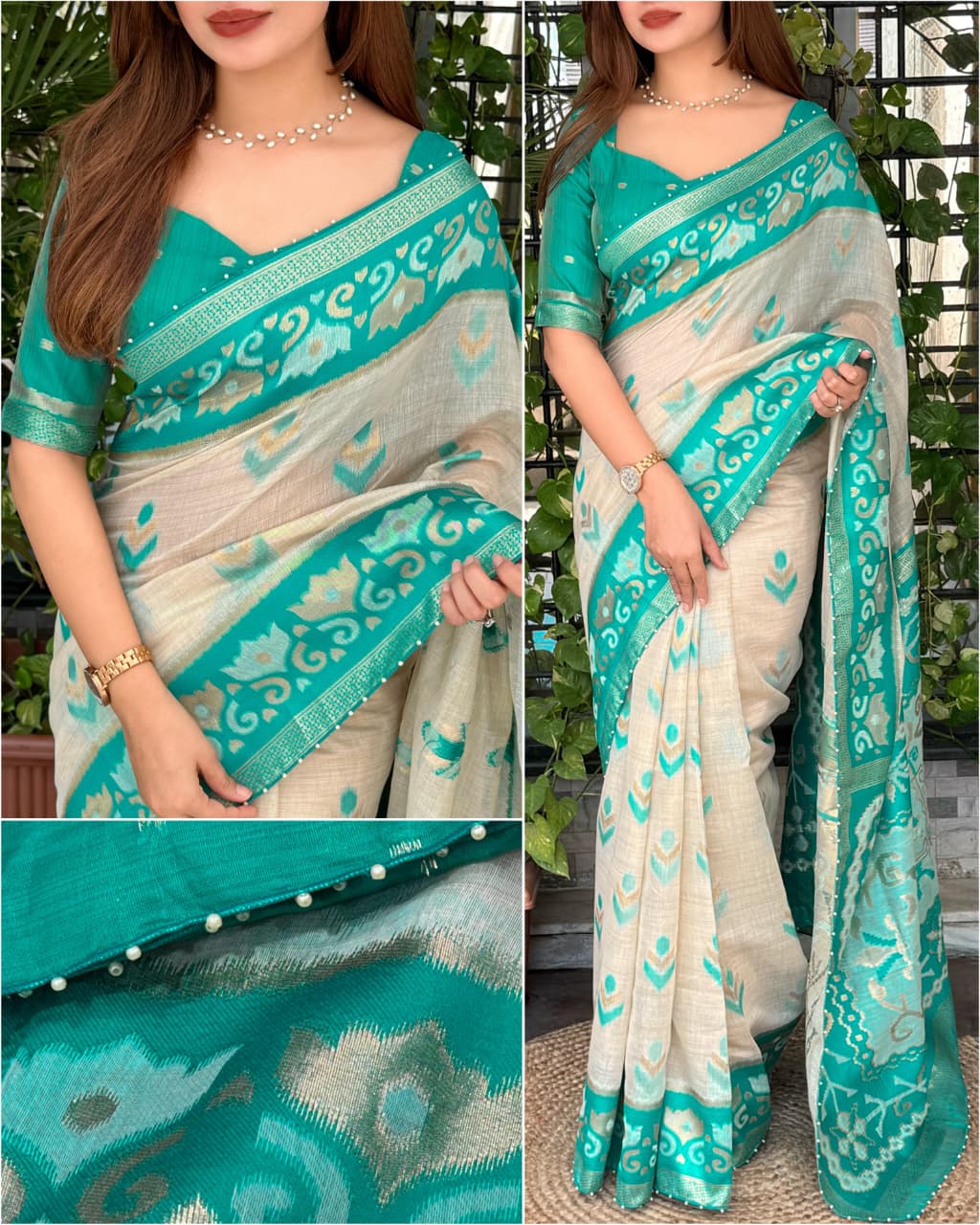 Linen Cotton Saree with Floral Contrast Border and Decorative Pallu, 6.3 Metres with Running Blouse for Festive Wear