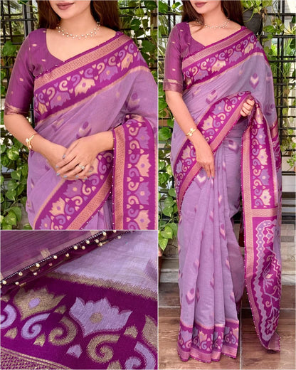 Linen Cotton Saree with Floral Contrast Border and Decorative Pallu, 6.3 Metres with Running Blouse for Festive Wear