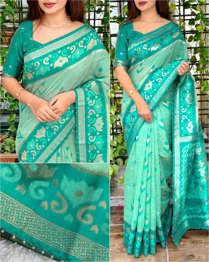 Linen Cotton Saree with Floral Contrast Border and Decorative Pallu, 6.3 Metres with Running Blouse for Festive Wear
