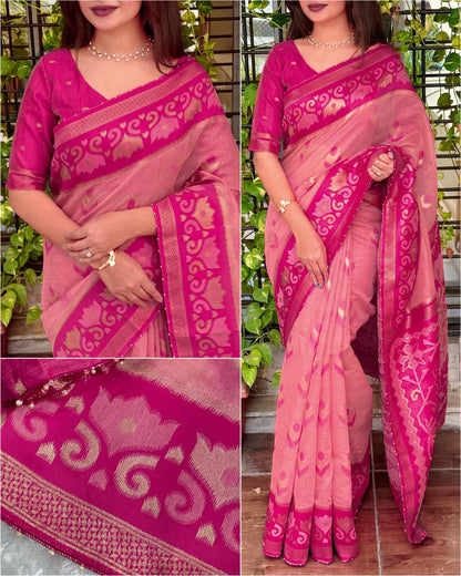 Linen Cotton Saree with Floral Contrast Border and Decorative Pallu, 6.3 Metres with Running Blouse for Festive Wear