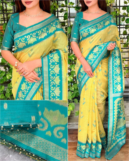 Linen Cotton Saree with Floral Contrast Border and Decorative Pallu, 6.3 Metres with Running Blouse for Festive Wear
