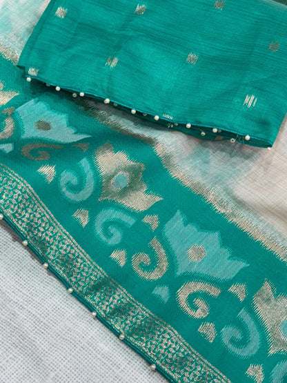 Linen Cotton Saree with Floral Contrast Border and Decorative Pallu, 6.3 Metres with Running Blouse for Festive Wear