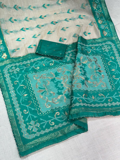 Linen Cotton Saree with Floral Contrast Border and Decorative Pallu, 6.3 Metres with Running Blouse for Festive Wear