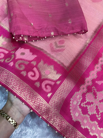 Linen Cotton Saree with Floral Contrast Border and Decorative Pallu, 6.3 Metres with Running Blouse for Festive Wear