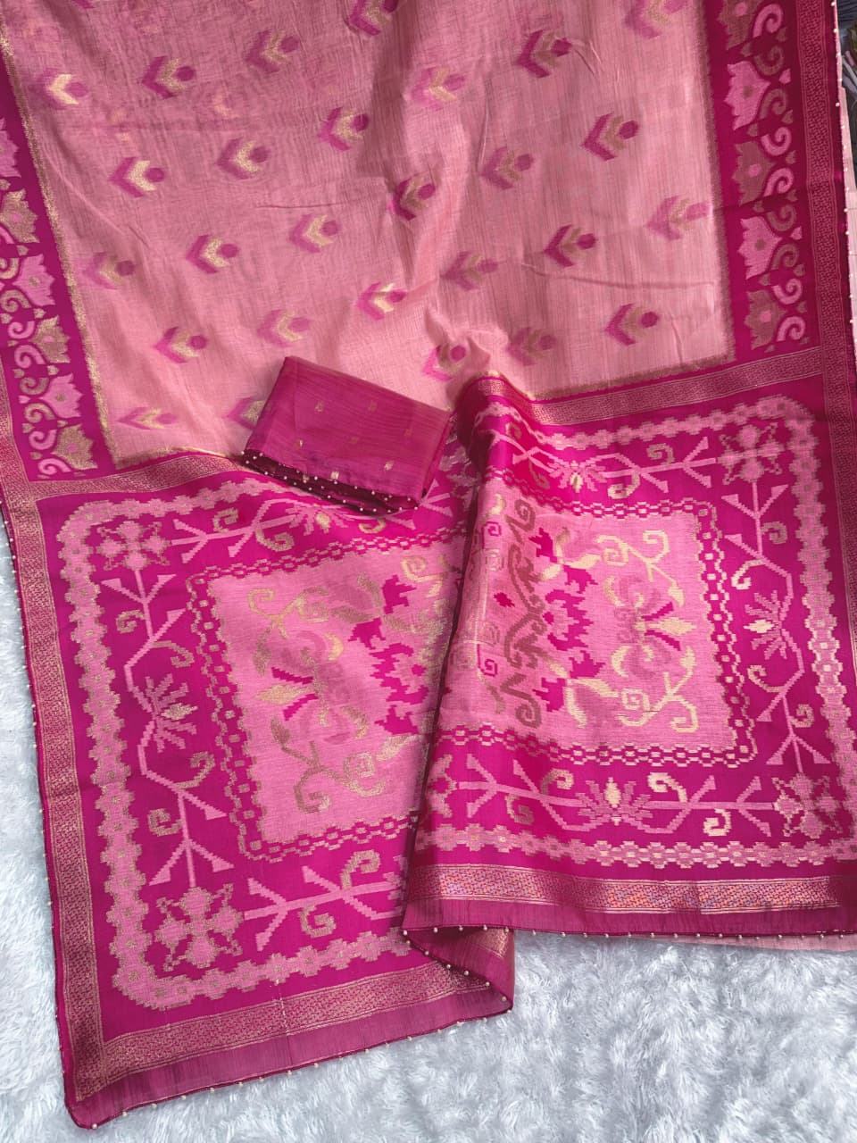 Linen Cotton Saree with Floral Contrast Border and Decorative Pallu, 6.3 Metres with Running Blouse for Festive Wear