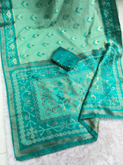 Linen Cotton Saree with Floral Contrast Border and Decorative Pallu, 6.3 Metres with Running Blouse for Festive Wear