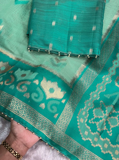 Linen Cotton Saree with Floral Contrast Border and Decorative Pallu, 6.3 Metres with Running Blouse for Festive Wear