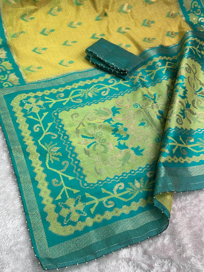Linen Cotton Saree with Floral Contrast Border and Decorative Pallu, 6.3 Metres with Running Blouse for Festive Wear