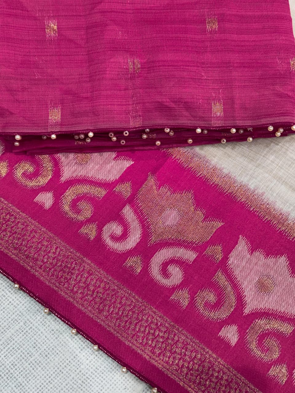 Linen Cotton Saree with Floral Contrast Border and Decorative Pallu, 6.3 Metres with Running Blouse for Festive Wear