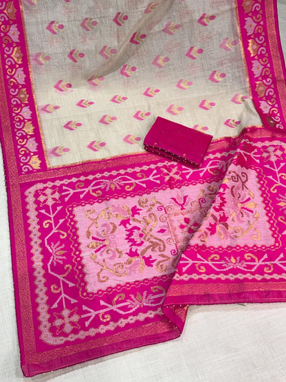 Linen Cotton Saree with Floral Contrast Border and Decorative Pallu, 6.3 Metres with Running Blouse for Festive Wear