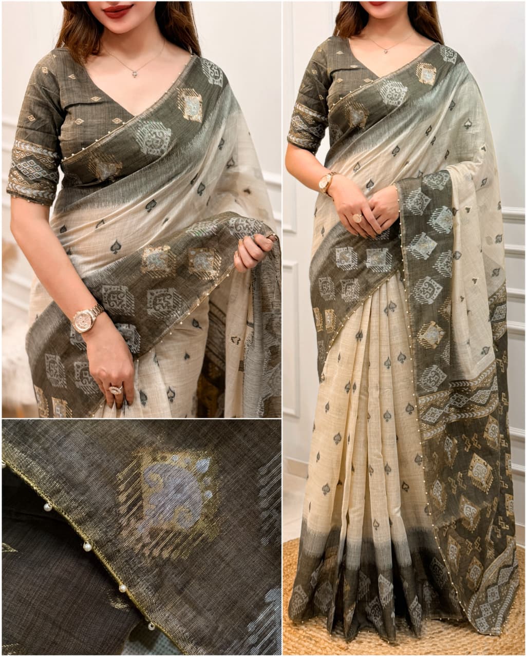 Cotton Linen Saree with Traditional Motifs, Contrast Border and Pallu, 6.3 Metres with Running Blouse for Festive Wear