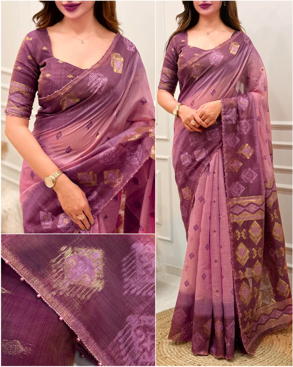 Cotton Linen Saree with Traditional Motifs, Contrast Border and Pallu, 6.3 Metres with Running Blouse for Festive Wear