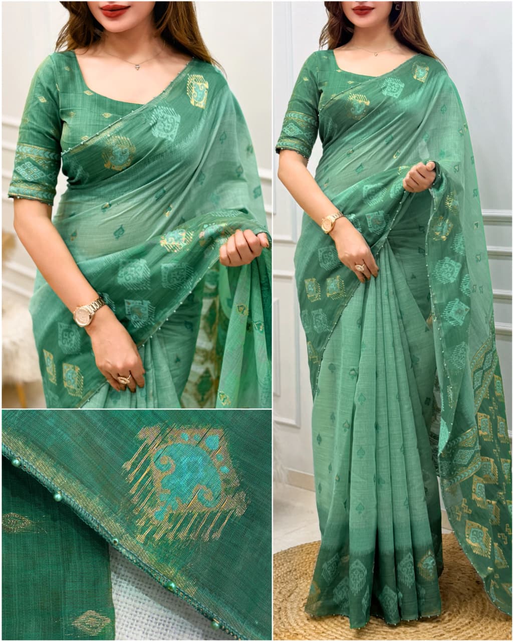 Cotton Linen Saree with Traditional Motifs, Contrast Border and Pallu, 6.3 Metres with Running Blouse for Festive Wear
