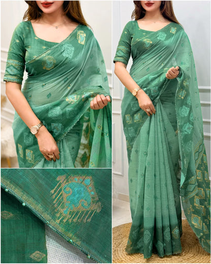 Cotton Linen Saree with Traditional Motifs, Contrast Border and Pallu, 6.3 Metres with Running Blouse for Festive Wear