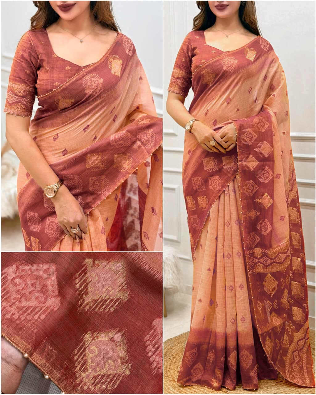Cotton Linen Saree with Traditional Motifs, Contrast Border and Pallu, 6.3 Metres with Running Blouse for Festive Wear