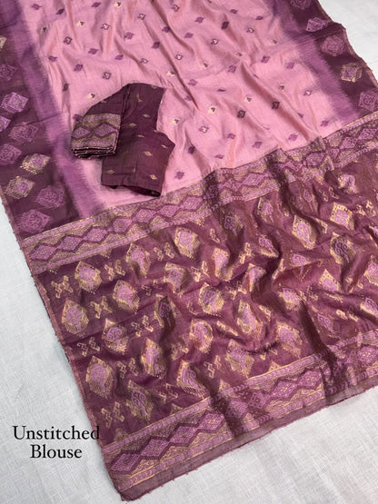 Cotton Linen Saree with Traditional Motifs, Contrast Border and Pallu, 6.3 Metres with Running Blouse for Festive Wear