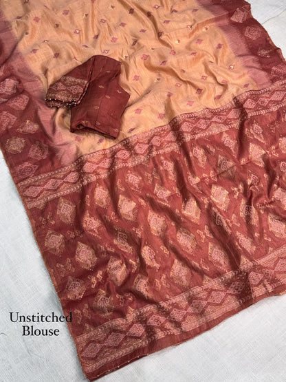 Cotton Linen Saree with Traditional Motifs, Contrast Border and Pallu, 6.3 Metres with Running Blouse for Festive Wear