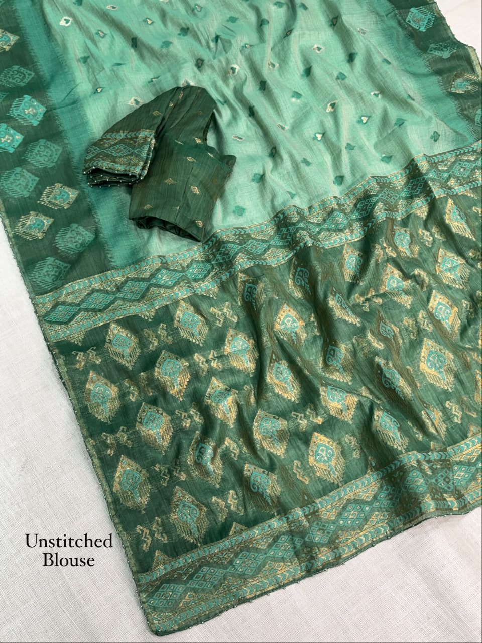 Cotton Linen Saree with Traditional Motifs, Contrast Border and Pallu, 6.3 Metres with Running Blouse for Festive Wear